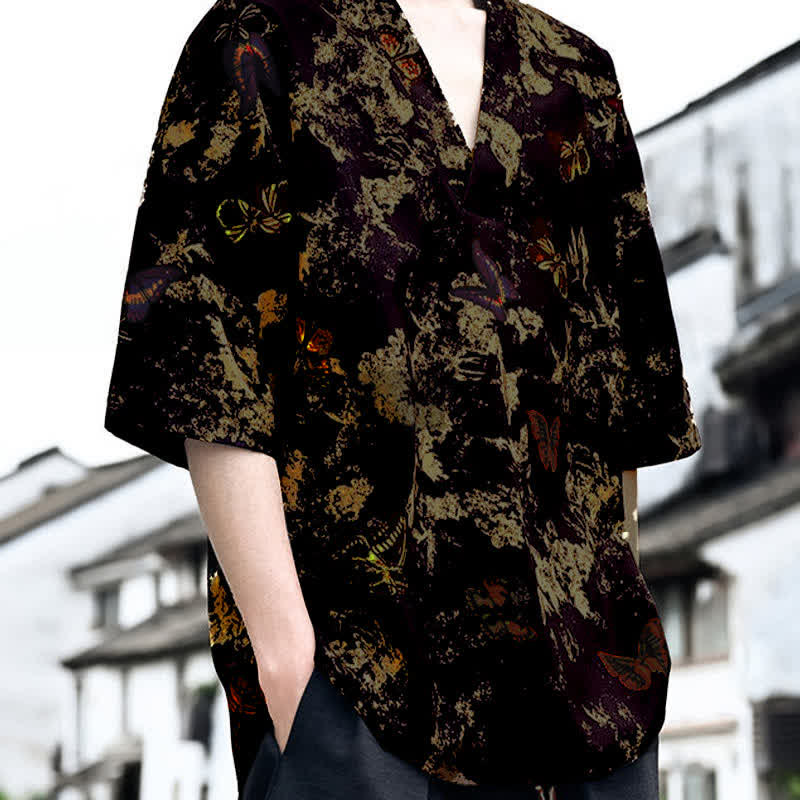 Buddha Stones 夏物カジュアル 唐草風 花柄 Vネック メンズ 半袖Tシャツ - image 8