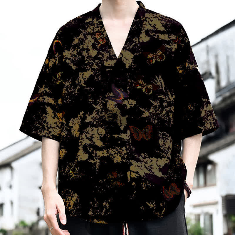 Buddha Stones 夏物カジュアル 唐草風 花柄 Vネック メンズ 半袖Tシャツ - image 5