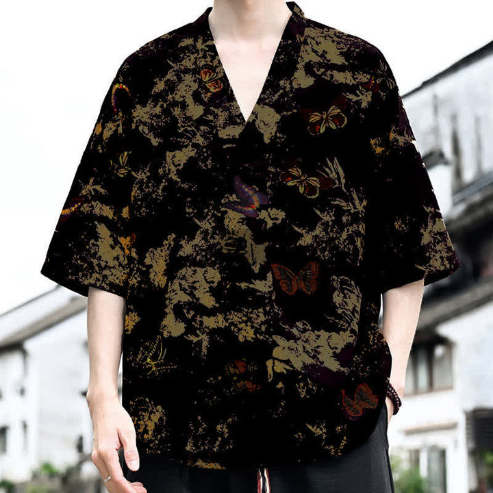 Buddha Stones 夏物カジュアル 唐草風 花柄 Vネック メンズ 半袖Tシャツ - image 5