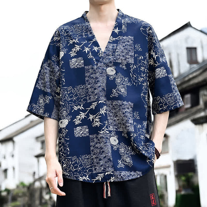 Buddha Stones 夏物カジュアル 唐草風 花柄 Vネック メンズ 半袖Tシャツ - 海軍 - US/UK/AU46, EU56 （5XL） - image 0