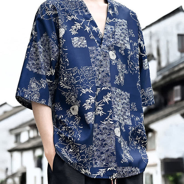 Buddha Stones 夏物カジュアル 唐草風 花柄 Vネック メンズ 半袖Tシャツ - image 2