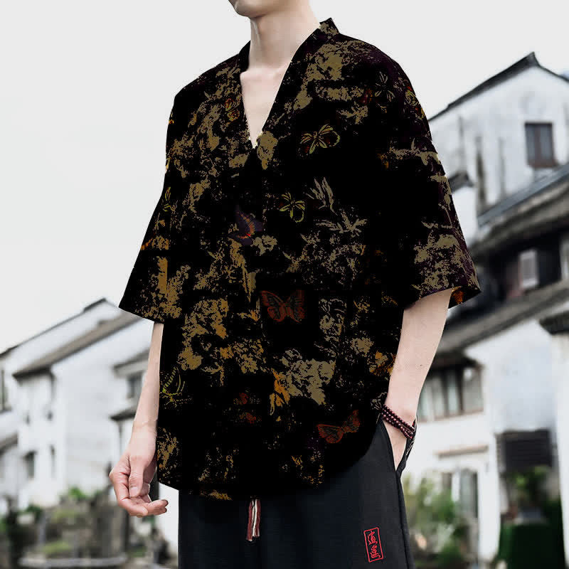 Buddha Stones 夏物カジュアル 唐草風 花柄 Vネック メンズ 半袖Tシャツ - image 10