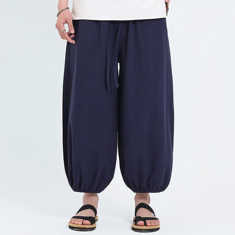 Buddha Stones 夏物タン・スタイル カジュアル ドローストリング 無地 クロップドパンツ メンズ ハーレムパンツ ポケット付き - ミッドナイトブルー - US/UK/AU46、 EU56 (5XL) - image 0