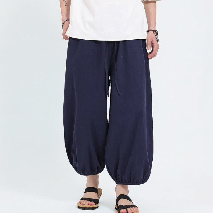 Buddha Stones 夏物タン・スタイル カジュアル ドローストリング 無地 クロップドパンツ メンズ ハーレムパンツ ポケット付き - image 2