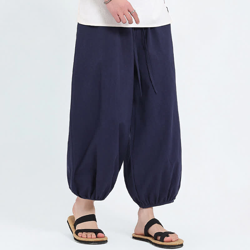 Buddha Stones 夏物タン・スタイル カジュアル ドローストリング 無地 クロップドパンツ メンズ ハーレムパンツ ポケット付き - image 3