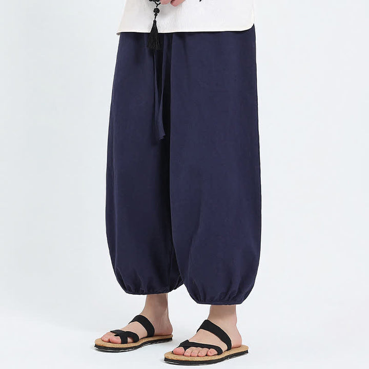 Buddha Stones 夏物タン・スタイル カジュアル ドローストリング 無地 クロップドパンツ メンズ ハーレムパンツ ポケット付き - image 1