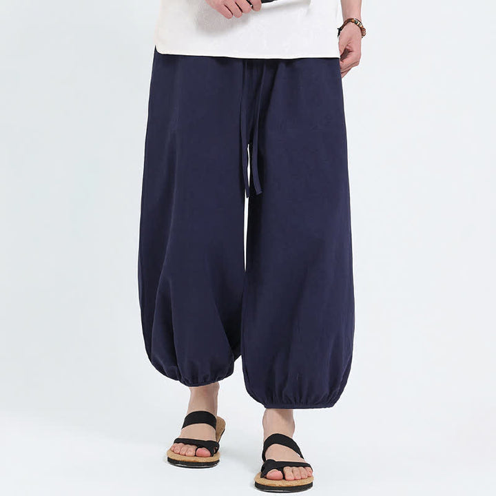 Buddha Stones 夏物タン・スタイル カジュアル ドローストリング 無地 クロップドパンツ メンズ ハーレムパンツ ポケット付き - image 4