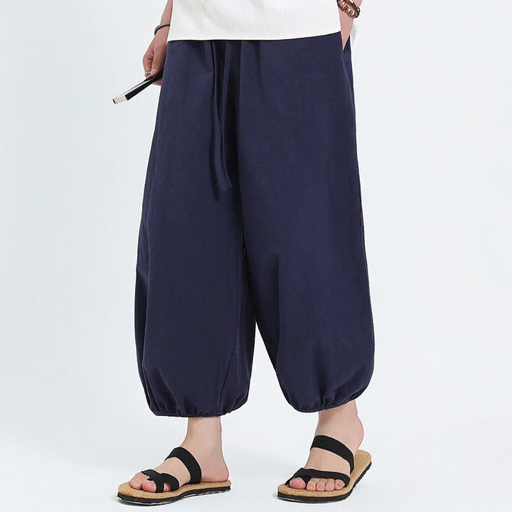 Buddha Stones 夏物タン・スタイル カジュアル ドローストリング 無地 クロップドパンツ メンズ ハーレムパンツ ポケット付き - image 5
