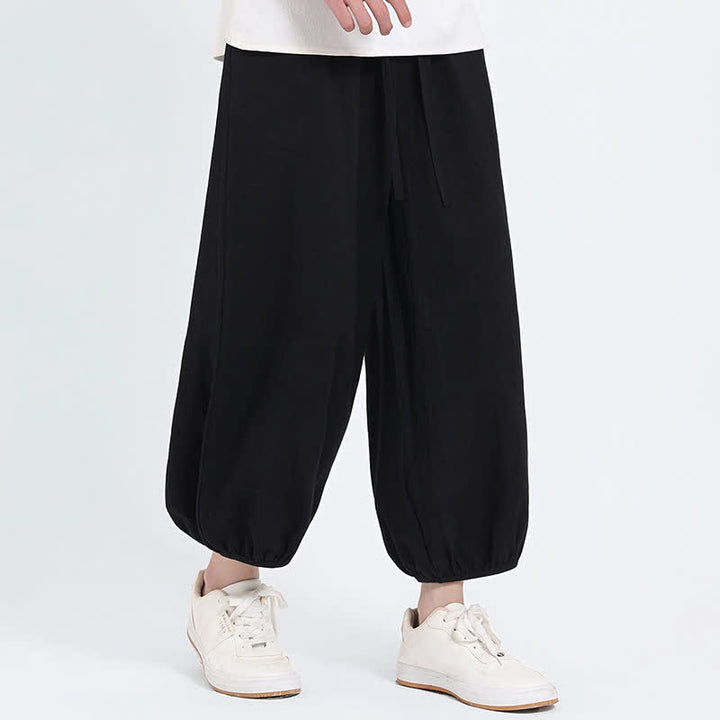 Buddha Stones 夏物タン・スタイル カジュアル ドローストリング 無地 クロップドパンツ メンズ ハーレムパンツ ポケット付き - image 12