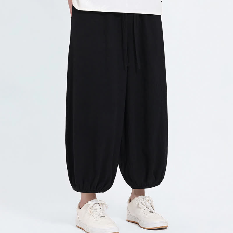 Buddha Stones 夏物タン・スタイル カジュアル ドローストリング 無地 クロップドパンツ メンズ ハーレムパンツ ポケット付き - image 10