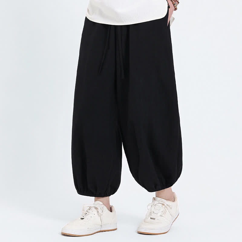 Buddha Stones 夏物タン・スタイル カジュアル ドローストリング 無地 クロップドパンツ メンズ ハーレムパンツ ポケット付き - image 8