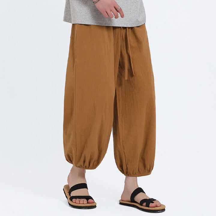 Buddha Stones 夏物タン・スタイル カジュアル ドローストリング 無地 クロップドパンツ メンズ ハーレムパンツ ポケット付き - image 18