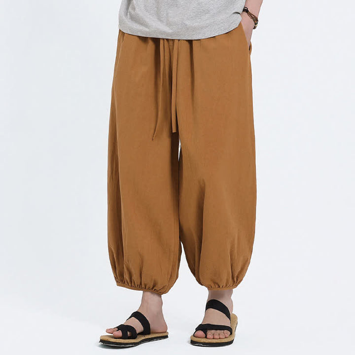 Buddha Stones 夏物タン・スタイル カジュアル ドローストリング 無地 クロップドパンツ メンズ ハーレムパンツ ポケット付き - image 20