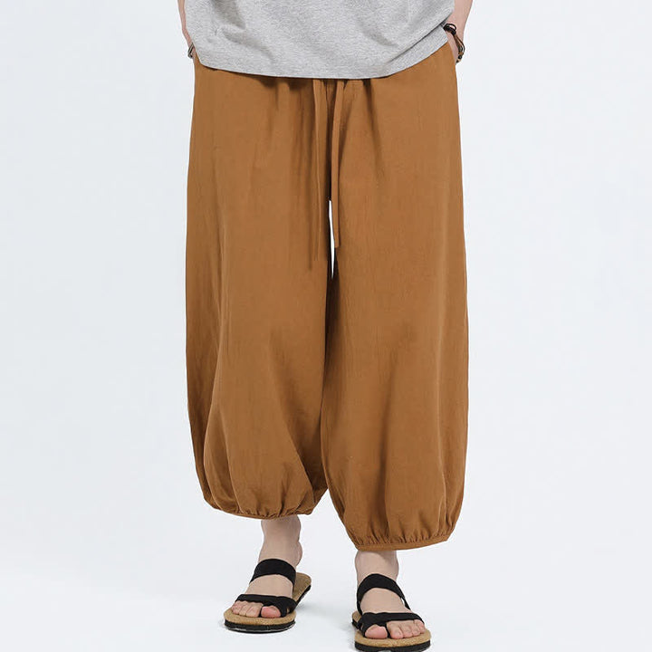 Buddha Stones 夏物タン・スタイル カジュアル ドローストリング 無地 クロップドパンツ メンズ ハーレムパンツ ポケット付き - image 19