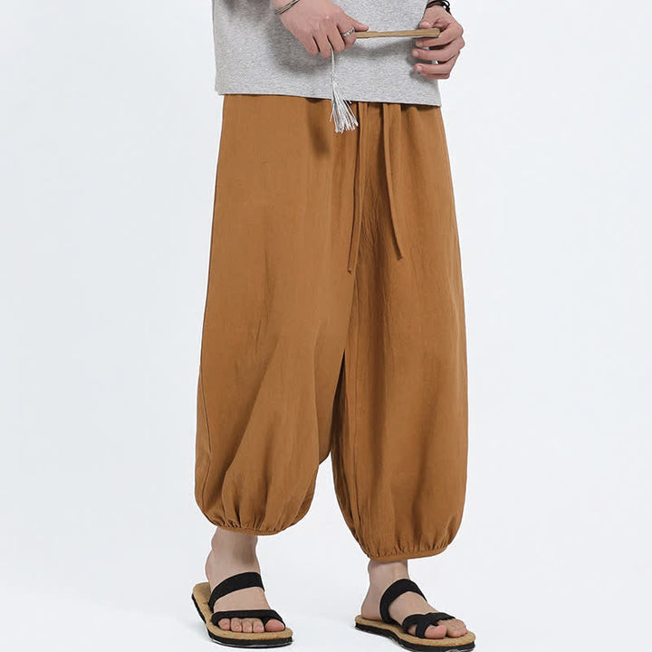 Buddha Stones 夏物タン・スタイル カジュアル ドローストリング 無地 クロップドパンツ メンズ ハーレムパンツ ポケット付き - image 16