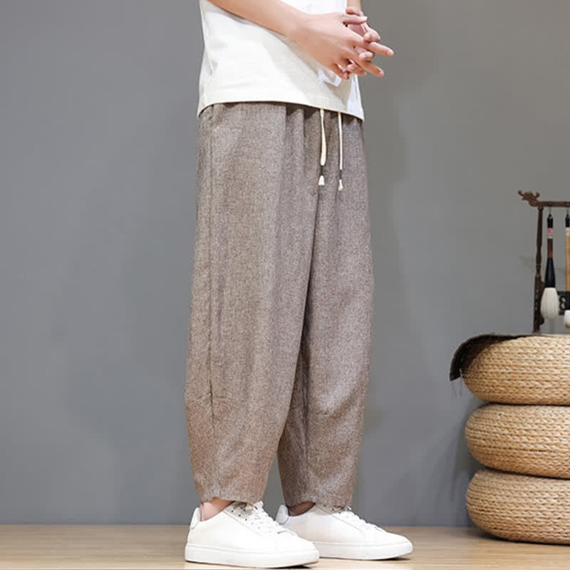Buddha Stones 夏物カジュアルミニマリストドローストリング無地クロップドパンツメンズテーパードパンツポケット付き - image 3