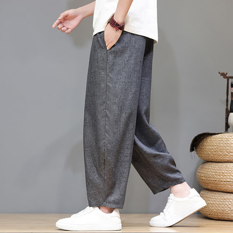 Buddha Stones 夏物カジュアルミニマリストドローストリング無地クロップドパンツメンズテーパードパンツポケット付き - image 11