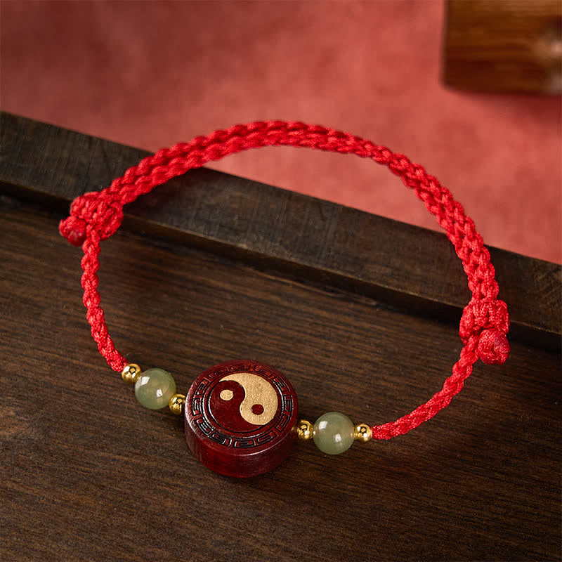 Buddha Stones 紫色の白檀と翡翠のYinYangバランス模様の赤紐のブレスレット - image 1