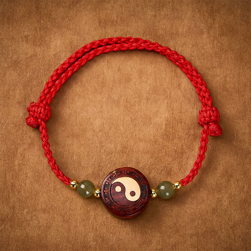 Buddha Stones 紫色の白檀と翡翠のYinYangバランス模様の赤紐のブレスレット - YinYang（バランス♥ハーモニー） - image 0