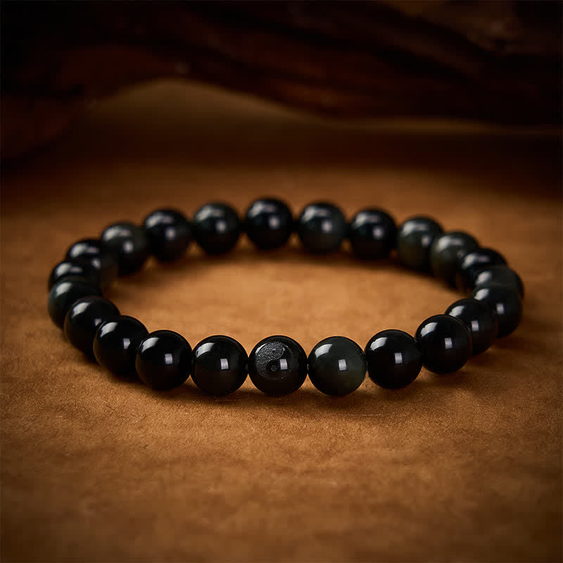 Buddha Stones レインボーオブシディアン陰陽バランスラウンドビーズブレスレット - レインボーオブシディアン（光の当たり方によって色が変わる） - 8mm - image 0