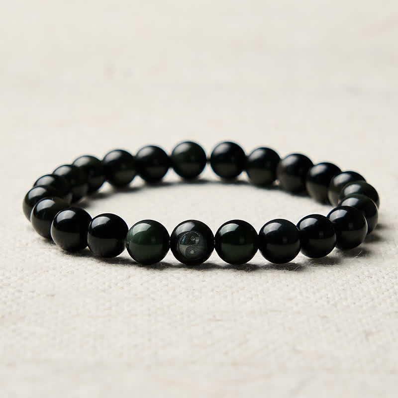 Buddha Stones レインボーオブシディアン陰陽バランスラウンドビーズブレスレット - image 8