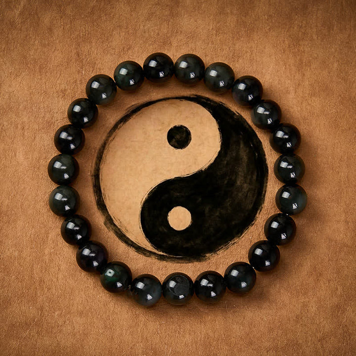 Buddha Stones レインボーオブシディアン陰陽バランスラウンドビーズブレスレット - image 1