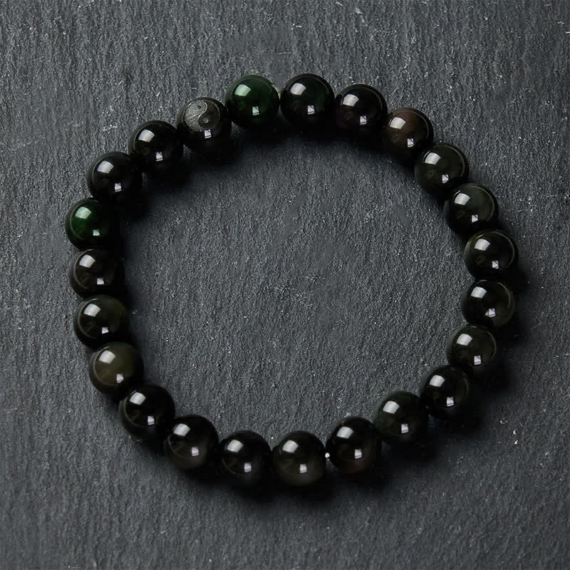Buddha Stones レインボーオブシディアン陰陽バランスラウンドビーズブレスレット - image 3