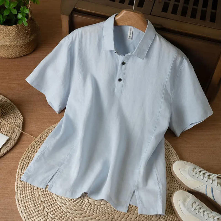 Buddha Stones 夏物カジュアルミニマリストボタンアップ無地メンズ半袖シャツ - 水色 - US/UK/AU44, EU54 （4XL） - image 4