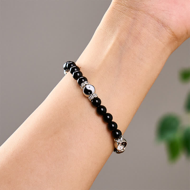 Buddha Stones 黒曜石の陰陽バランスラウンドチャームブレスレット - image 10
