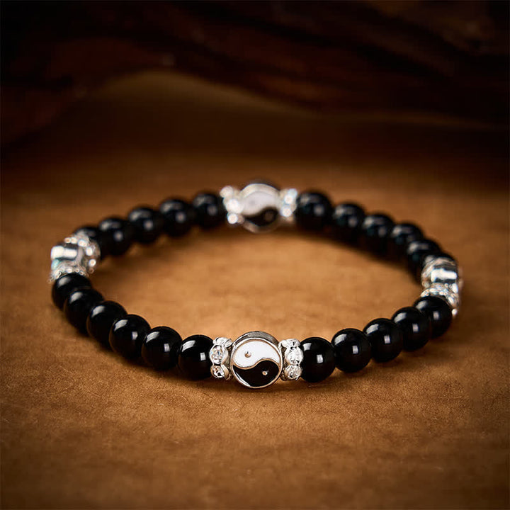Buddha Stones 黒曜石の陰陽バランスラウンドチャームブレスレット - image 2