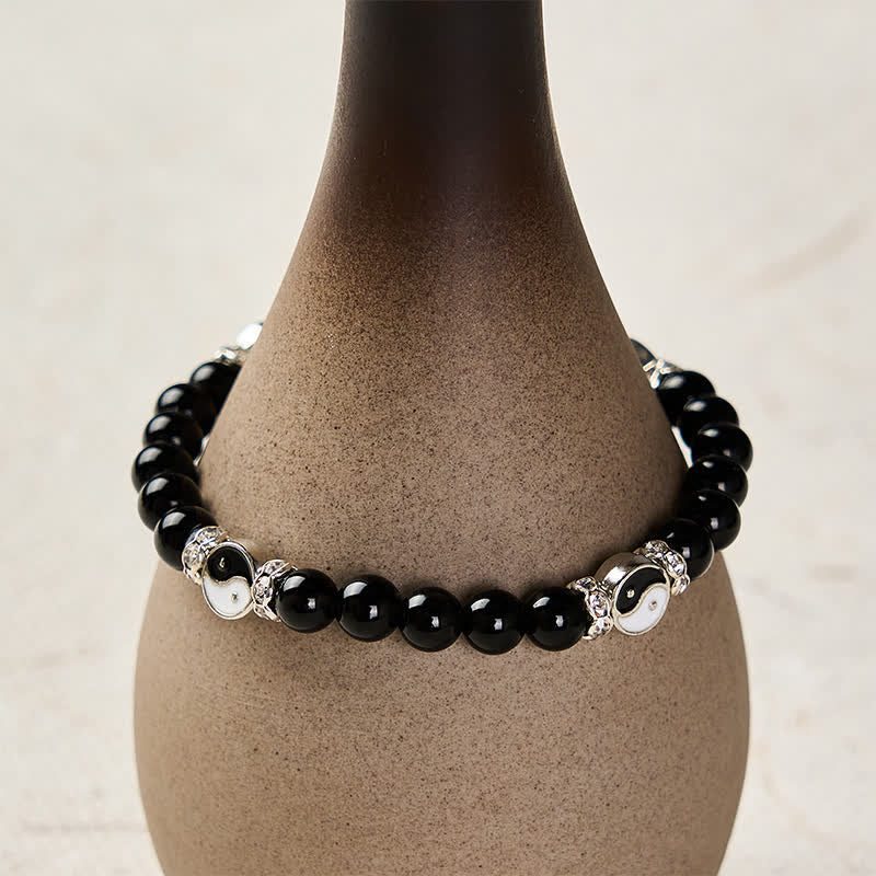 Buddha Stones 黒曜石の陰陽バランスラウンドチャームブレスレット - image 3