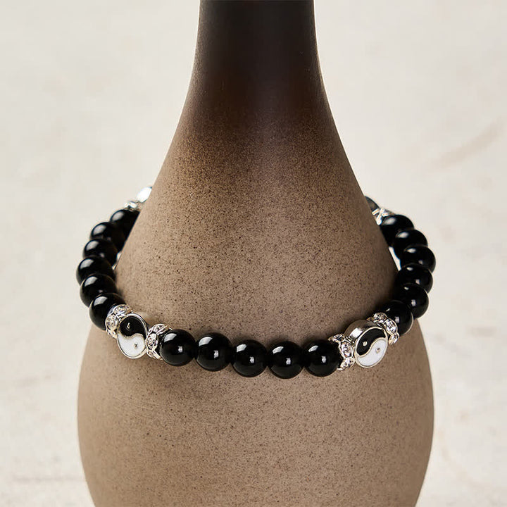Buddha Stones 黒曜石の陰陽バランスラウンドチャームブレスレット - image 3