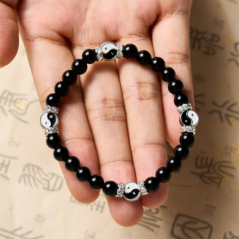 Buddha Stones 黒曜石の陰陽バランスラウンドチャームブレスレット - image 9