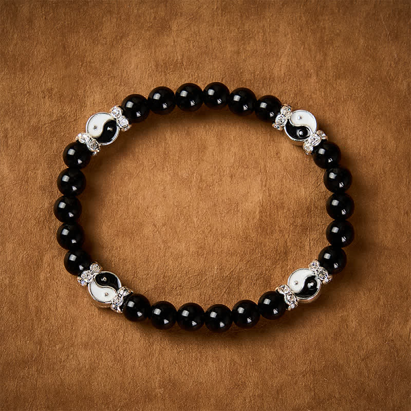 Buddha Stones 黒曜石の陰陽バランスラウンドチャームブレスレット - image 1