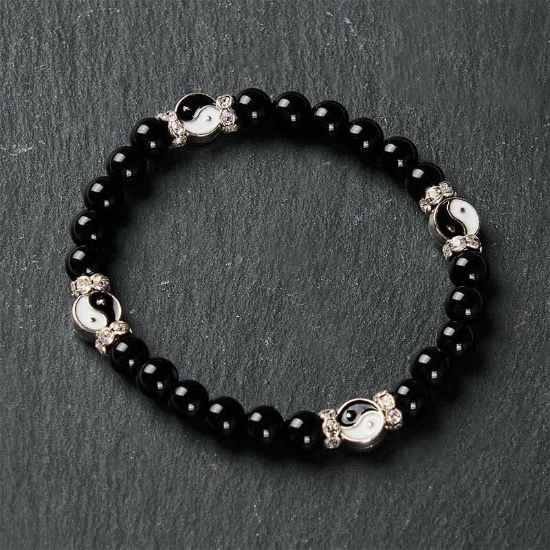 Buddha Stones 黒曜石の陰陽バランスラウンドチャームブレスレット - image 4