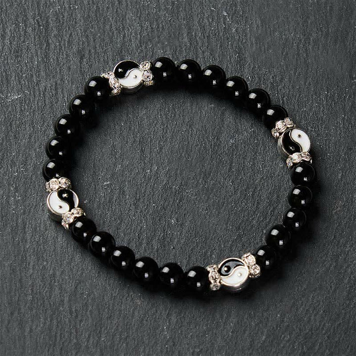 Buddha Stones 黒曜石の陰陽バランスラウンドチャームブレスレット - image 4