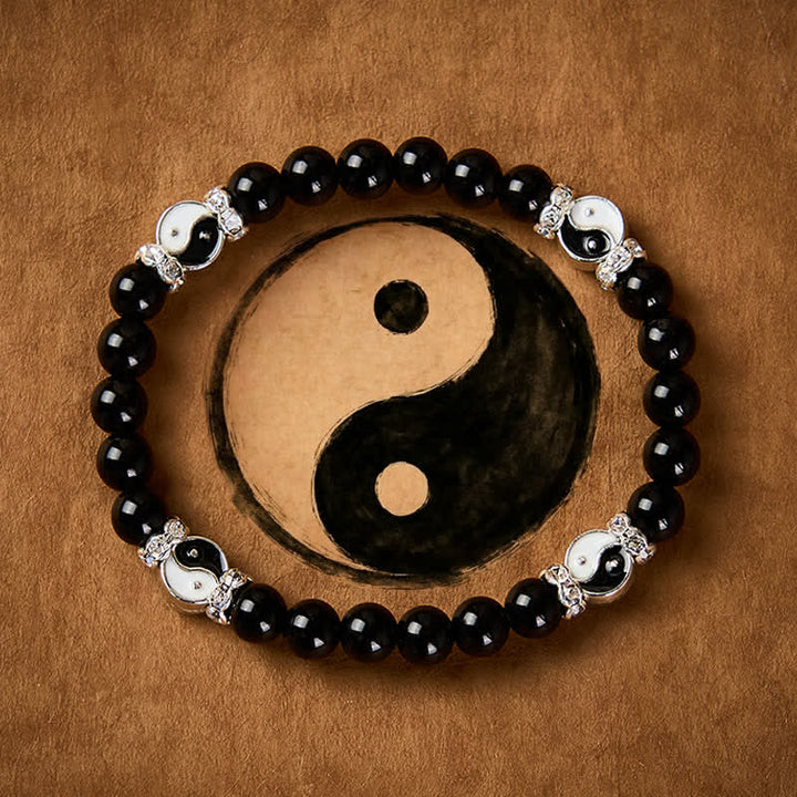 Buddha Stones 黒曜石の陰陽バランスラウンドチャームブレスレット - 陰陽（バランス♥ハーモニー） - image 0