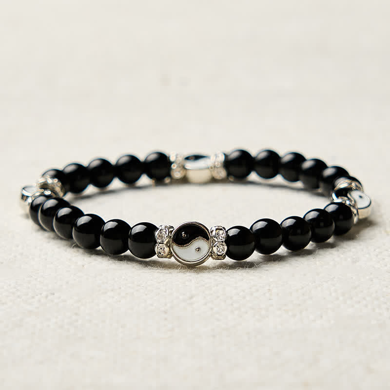 Buddha Stones 黒曜石の陰陽バランスラウンドチャームブレスレット - image 8