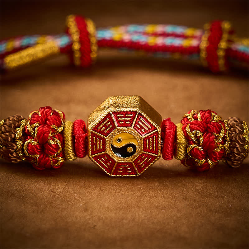 Buddha Stones 保護を象徴するカラフルな紐、八卦中国コイン、手織りチベット編みブレスレット - image 5