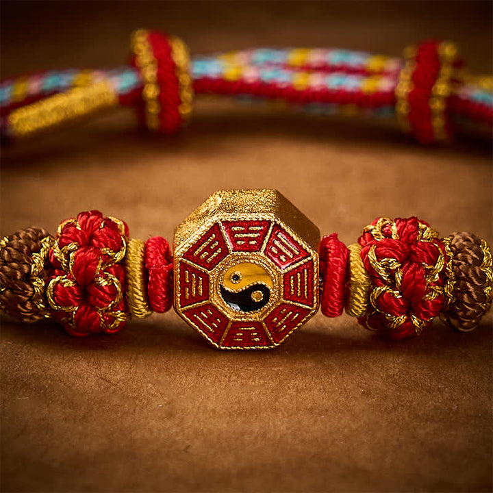 Buddha Stones 保護を象徴するカラフルな紐、八卦中国コイン、手織りチベット編みブレスレット - image 5