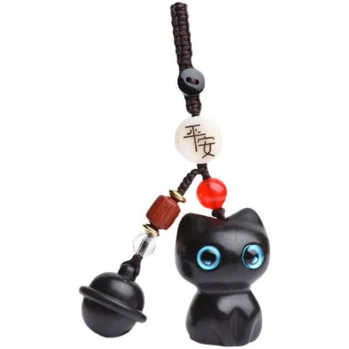 Buddha Stones 黒檀と赤檀の手彫り猫鈴付きお守りキーホルダー - image 9