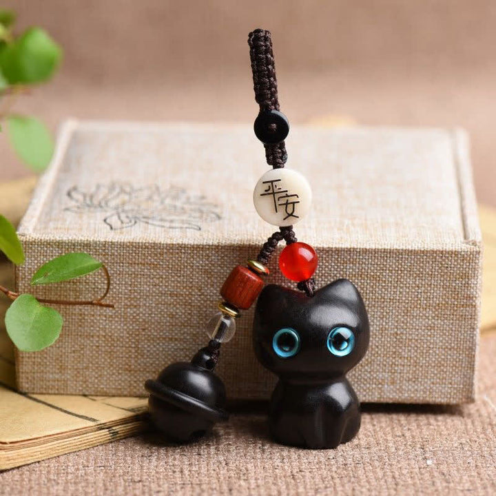 Buddha Stones 黒檀と赤檀の手彫り猫鈴付きお守りキーホルダー - 黒檀（バランス♥穏やかさ） - image 7