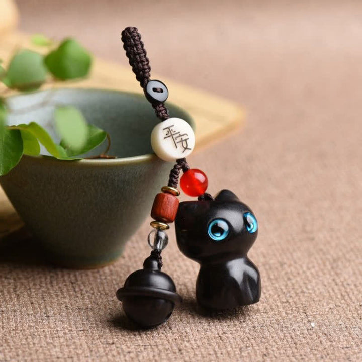 Buddha Stones 黒檀と赤檀の手彫り猫鈴付きお守りキーホルダー - image 8