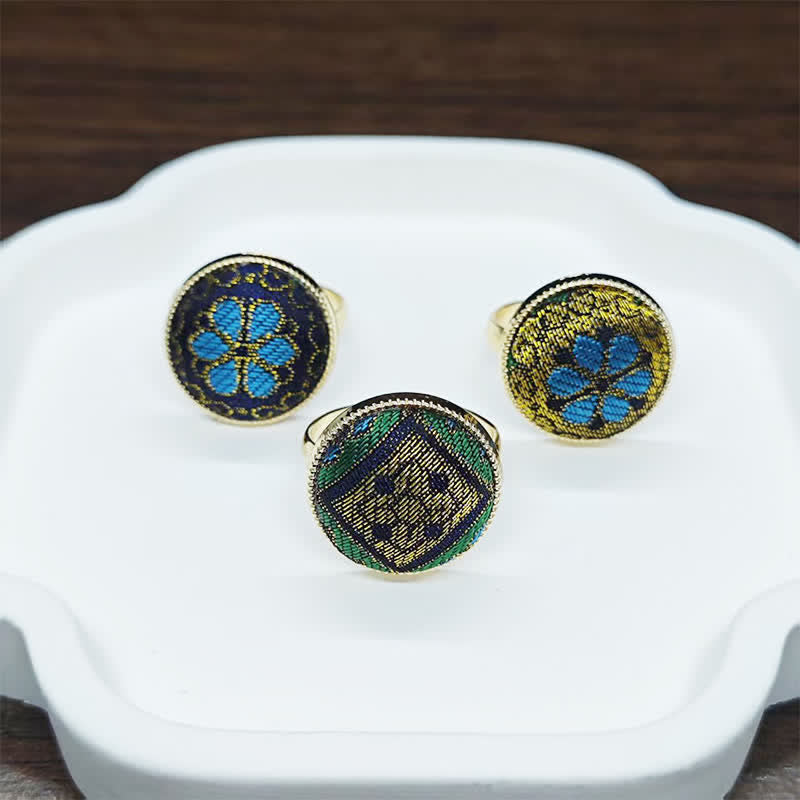 Buddha Stones 手作りの歌の錦織花柄良縁祈願の調節可能な丸いリング - image 11