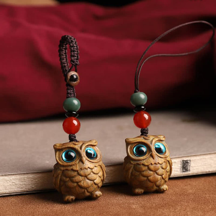 Buddha Stones 緑白檀製フクロウの静寂をモチーフにした手彫り編み込みキーホルダー - image 7