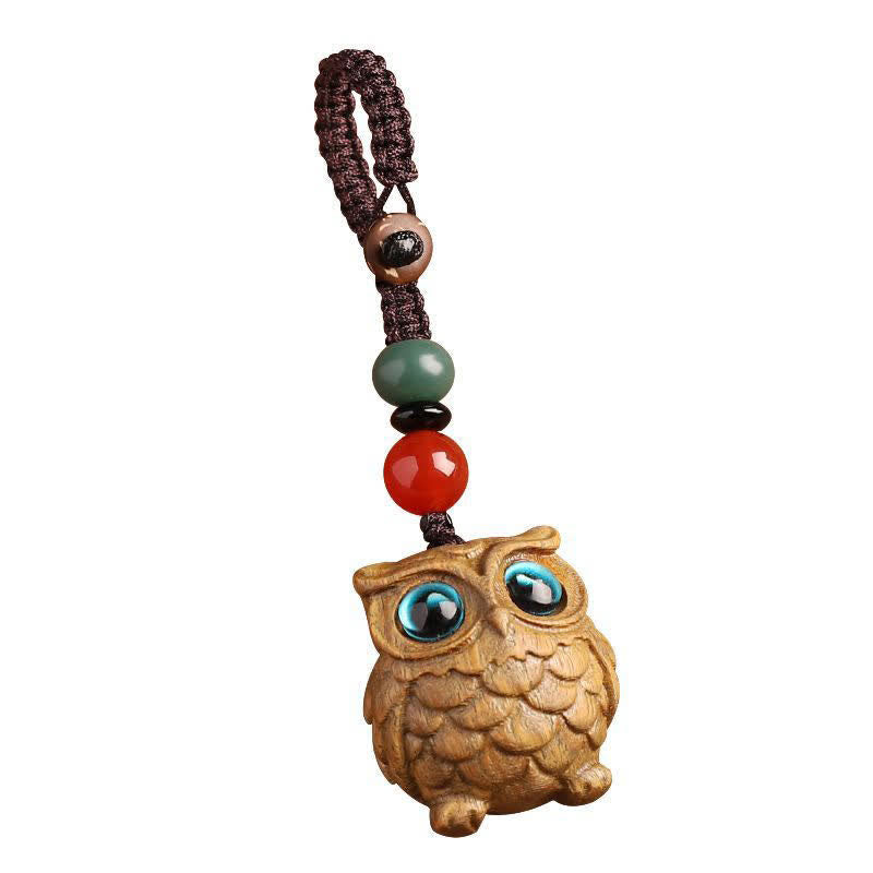 Buddha Stones 緑白檀製フクロウの静寂をモチーフにした手彫り編み込みキーホルダー - image 2