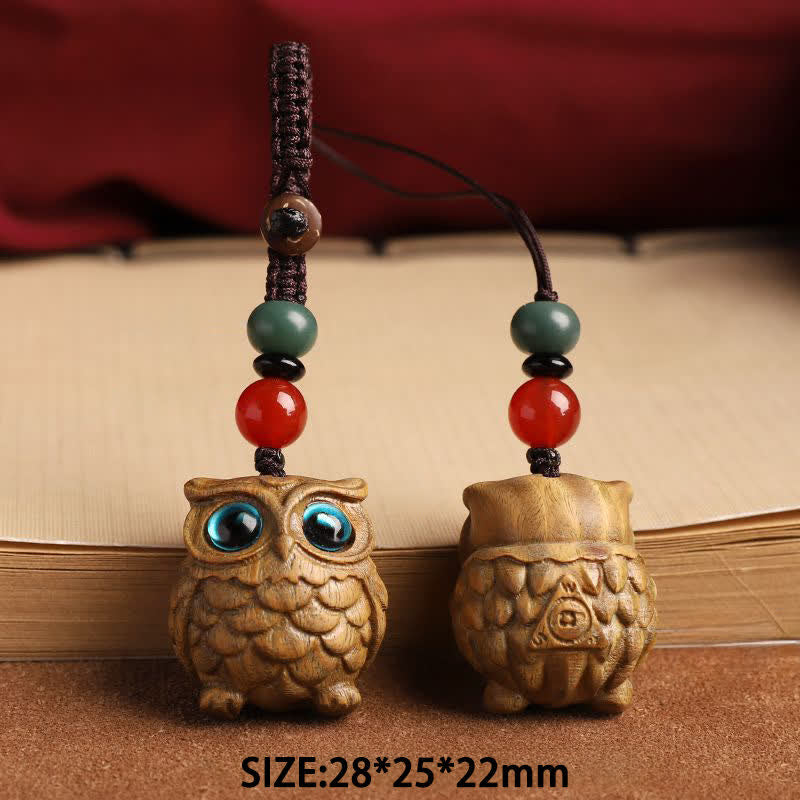 Buddha Stones 緑白檀製フクロウの静寂をモチーフにした手彫り編み込みキーホルダー - image 8
