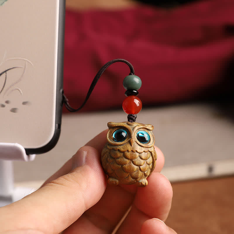 Buddha Stones 緑白檀製フクロウの静寂をモチーフにした手彫り編み込みキーホルダー - image 11
