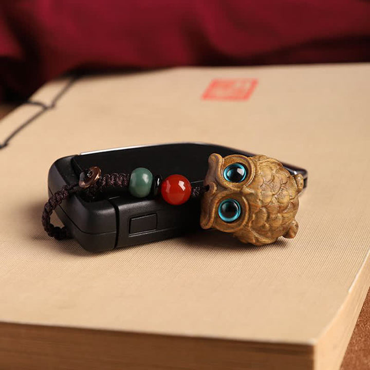 Buddha Stones 緑白檀製フクロウの静寂をモチーフにした手彫り編み込みキーホルダー - image 4