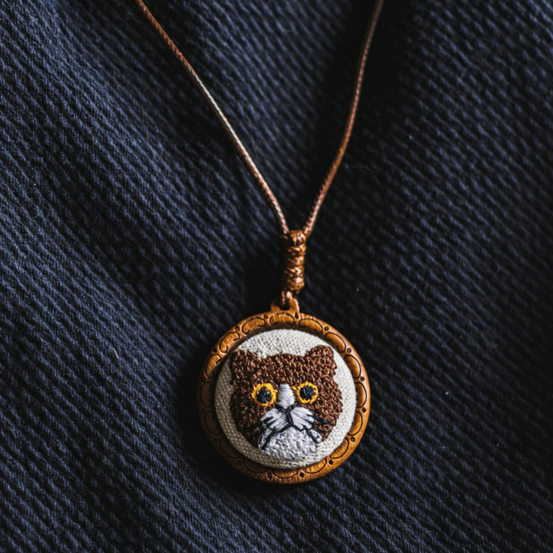 Buddha Stones 木製猫の幸運刺繍入り丸型ペンダントネックレス - image 9